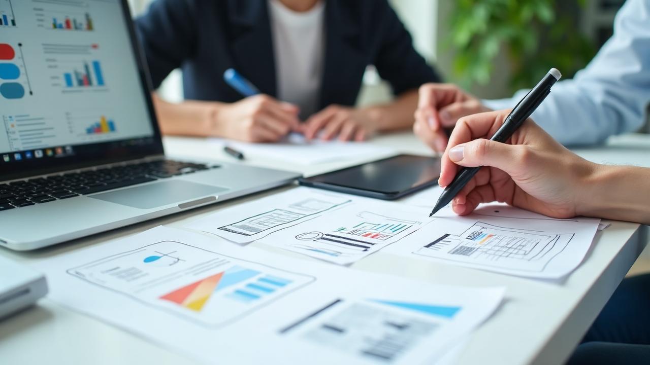 Mobile app development workspace with wireframes and prototypes